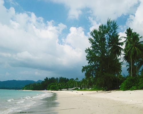 Playa tranquila rodeada de árboles en Khao Lak
